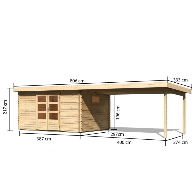 Abri De Jardin 11,49m² En Bois Massif 40mm Trittau 5 Avec Appentis 440cm – Karibu – Image 3