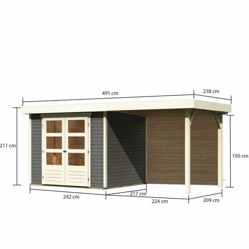 Abri De Jardin En Bois Massif Gris Terre 5,25m² Askola 3 Avec Appentis 240cm Et Paroi Arrière - Karibu – Image 3