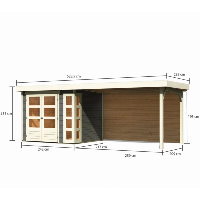 Abri De Jardin En Bois Massif Gris Terre 5,25m² Kerko 3 Avec Appentis 280cm Et Paroi Arrière – Karibu – Image 2