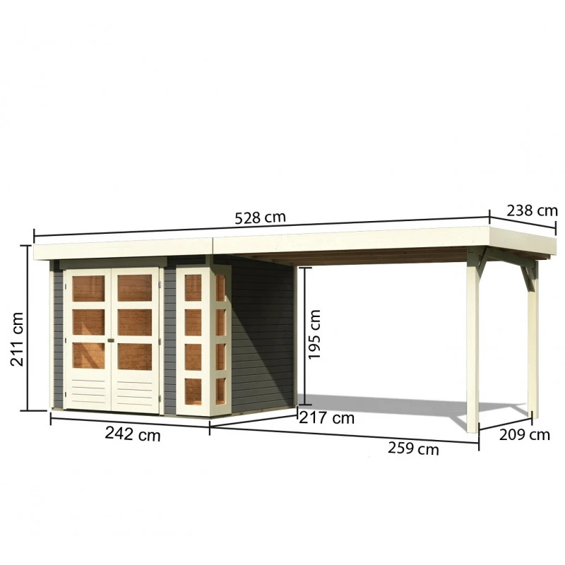 Abri De Jardin En Bois Massif Gris Terre 5,25m² Kerko 3 Avec Appentis 280cm – Karibu – Image 2