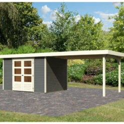 Abri De Jardin En Bois Massif Gris Terre 7,43m² Askola 5 Avec Appentis 280cm – Karibu