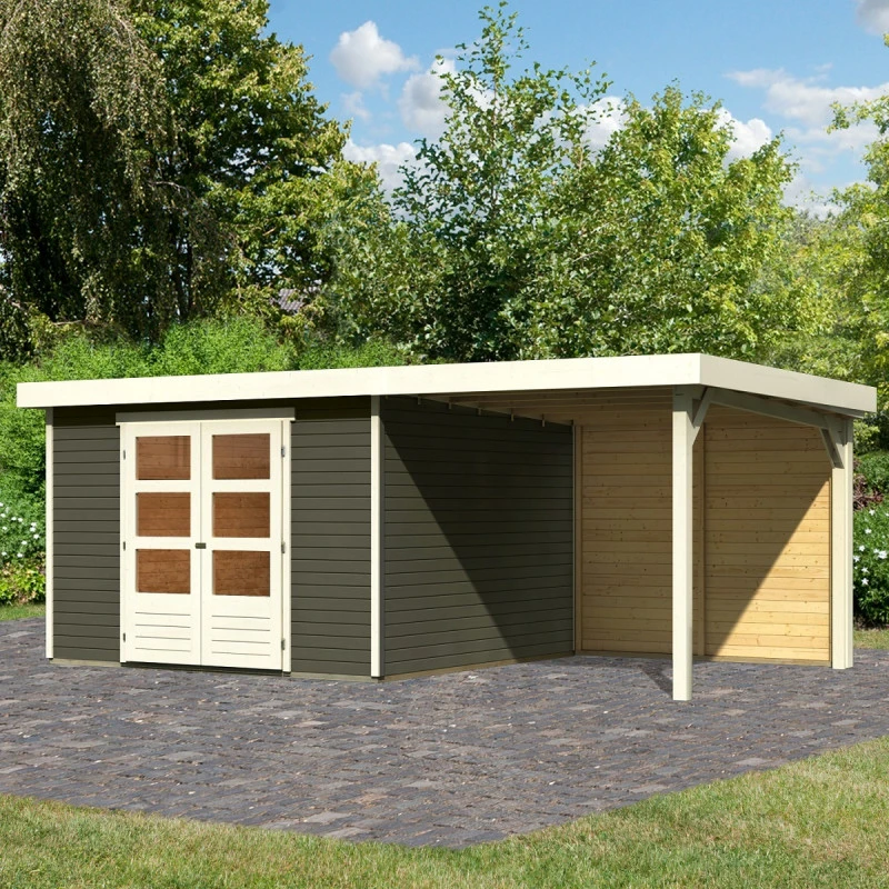Abri De Jardin En Bois Massif Gris Terre 9,24m² Askola 6 Avec Appentis 240cm Et Paroi Arrière - Karibu – Image 6
