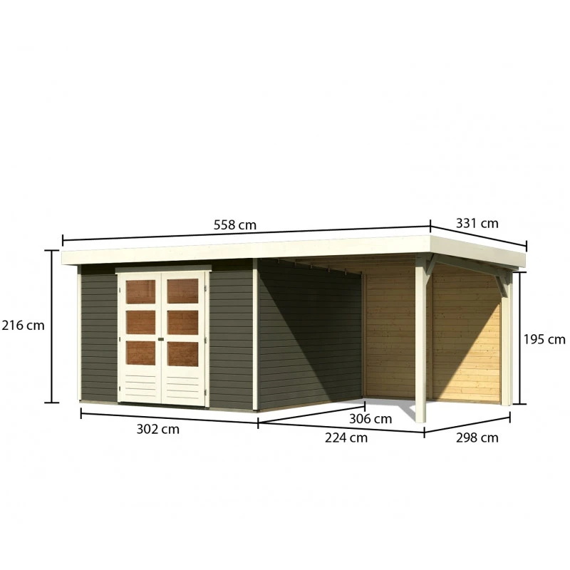 Abri De Jardin En Bois Massif Gris Terre 9,24m² Askola 6 Avec Appentis 240cm Et Paroi Arrière - Karibu