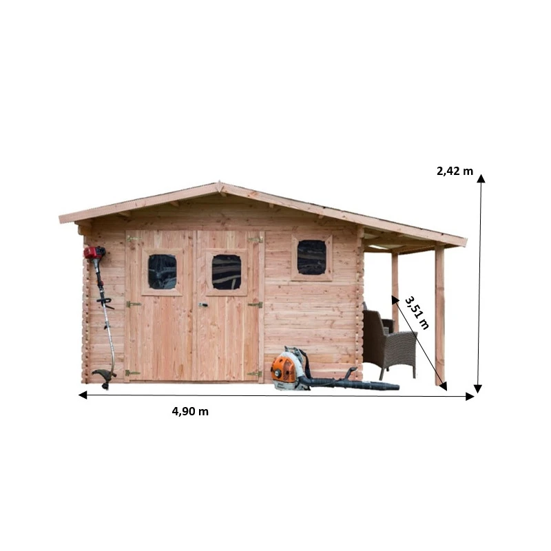 Abri Bois DOMMAR 17,20m² En Madriers Douglas 28mm Avec Bûcher + Couverture Onduline - HABRITA – Image 2