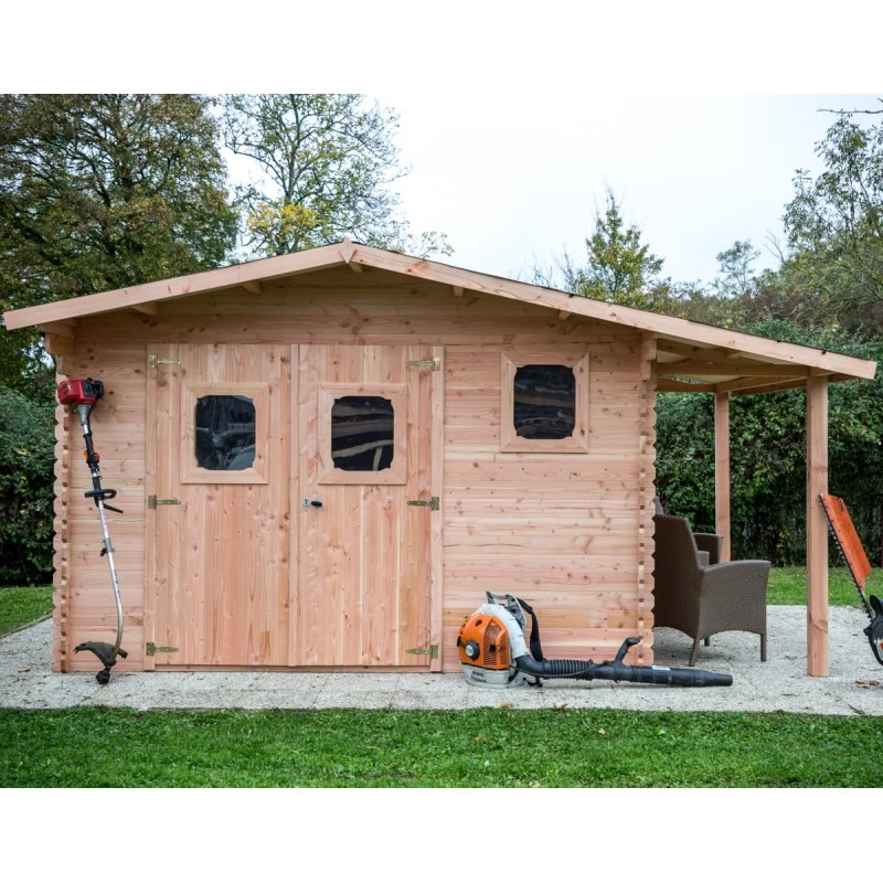 Abri Bois DOMMAR 17,20m² En Madriers Douglas 28mm Avec Bûcher + Couverture Onduline - HABRITA