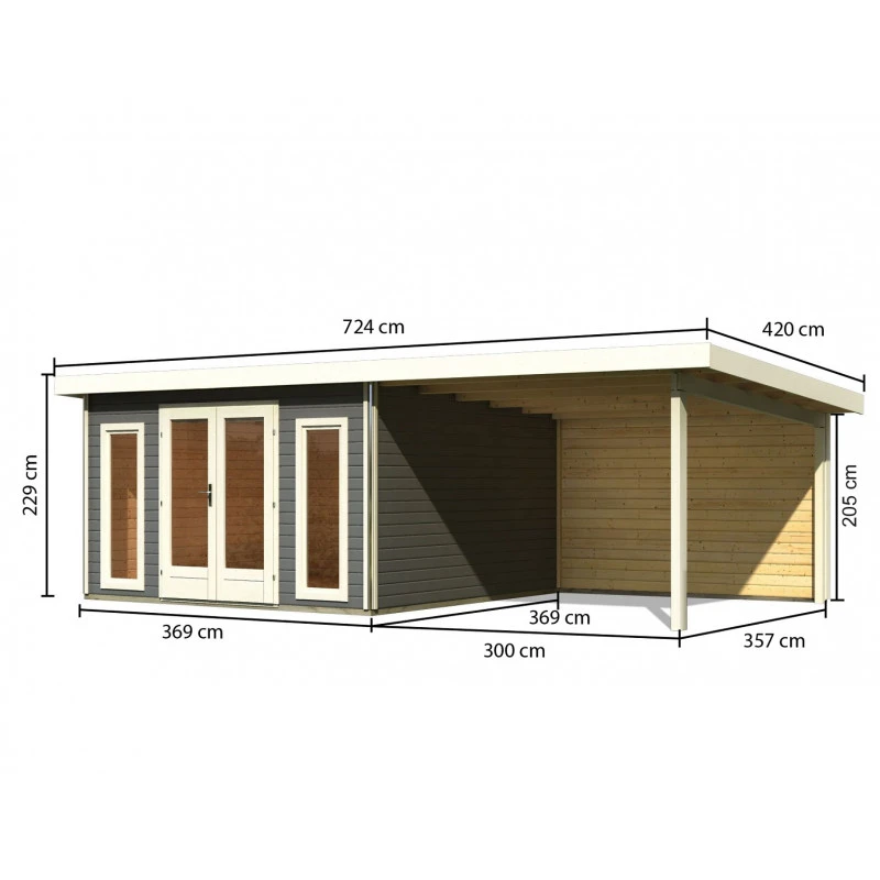 Abri Toit Plat 13,60m² Bois Massif Gris Terre 40mm Radeburg 3 Avec Appentis 330cm Et Paroi Arrière – Karibu – Image 2