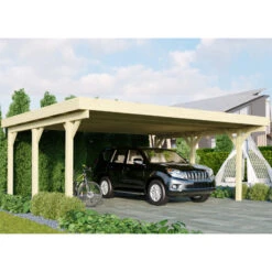 Carport Double En Bois Autoclave 28,3m² Et Toit En Acier – KARIBU
