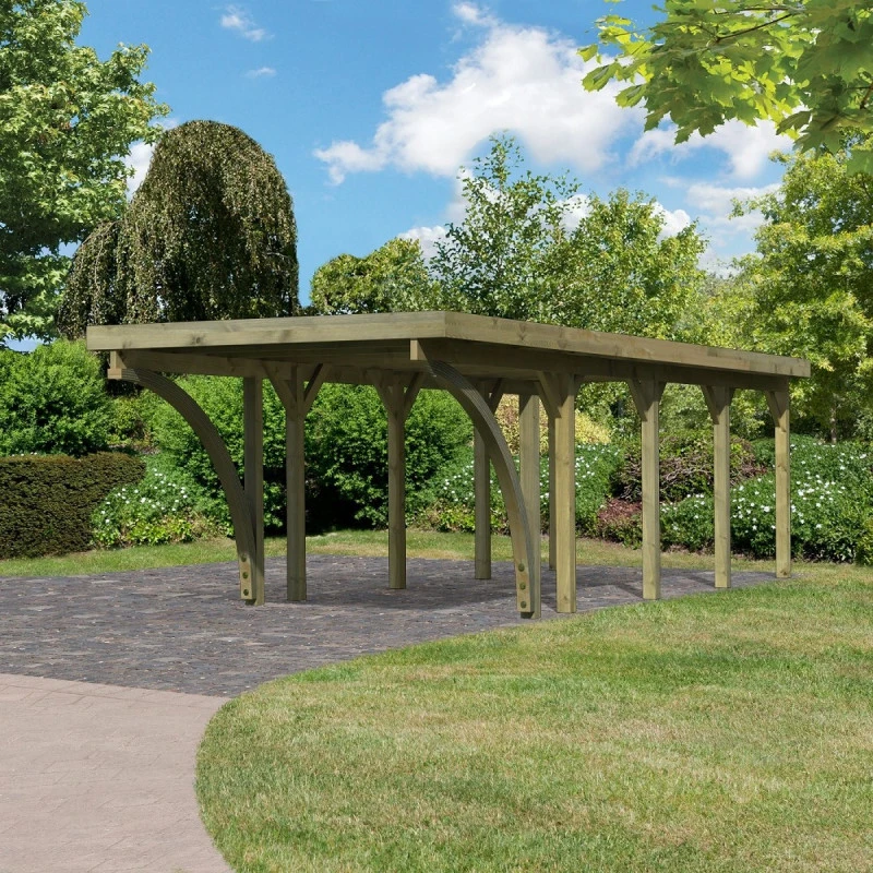 Carport En Bois Autoclave 26,9m², Toit En PVC Gris Et Deux Poteaux En Arc – KARIBU