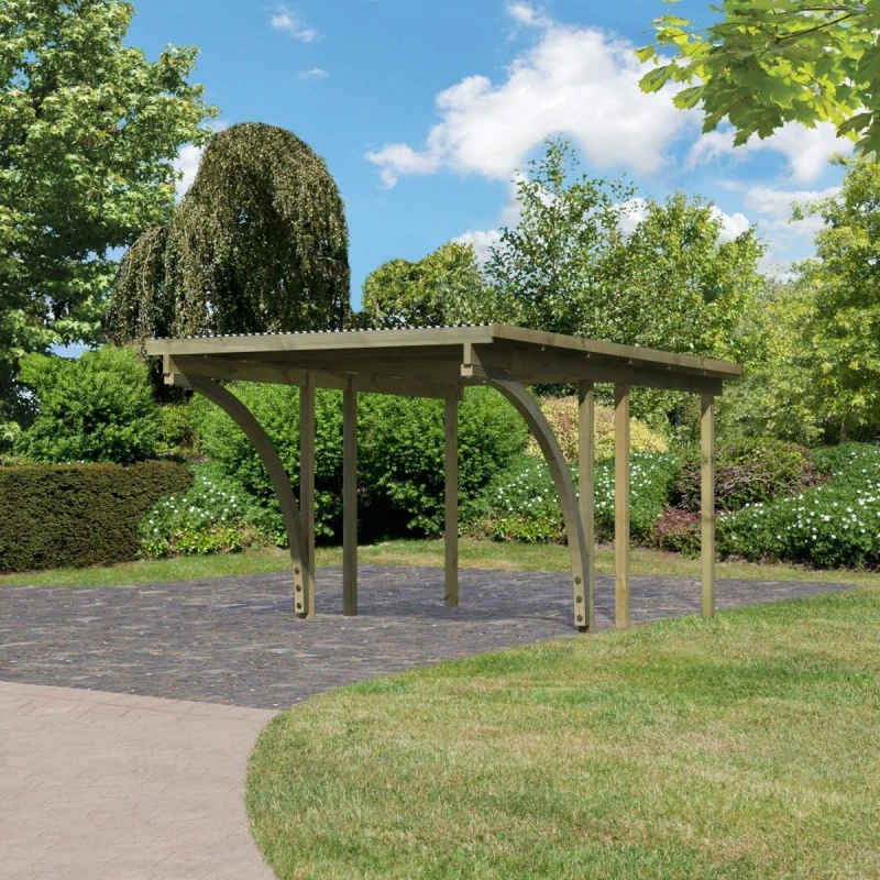 Carport Simple En Bois Autoclave Avec Toit PVC Et 2 Arcs D'entrée 14,9m² - 304x490cm - Karibu – Image 2