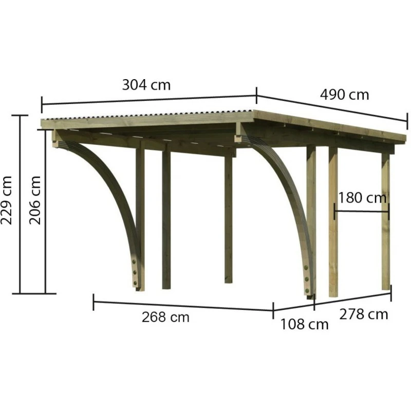 Carport Simple En Bois Autoclave Avec Toit PVC Et 2 Arcs D'entrée 14,9m² - 304x490cm - Karibu – Image 3
