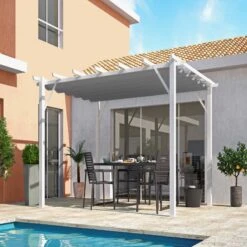 Pergola 100% Aluminium Coloris Blanc 12m² Avec Toile D'ombrage Gris 140gr/m² HABRITA