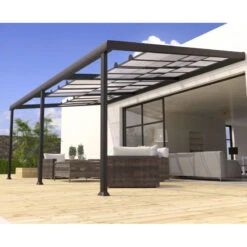 Pergola Adossée En Aluminium Gris Anthracite Et Polycarbonate à Panneaux Coulissants 350x600cm - EDENA - Couleurs Du Monde