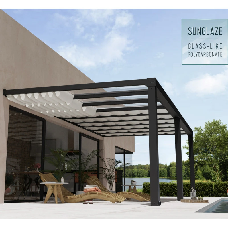Pergola Adossée Stockholm 350x660cm Aluminium Gris Et Polycarbonate Avec Stores De Toit Rétractables – Palram - Canopia – Image 3