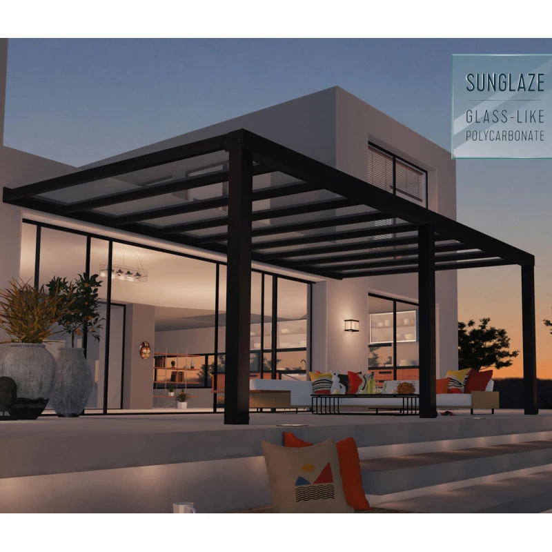 Pergola Adossée Stockholm 350x660cm Aluminium Gris Et Polycarbonate Avec Stores De Toit Rétractables – Palram - Canopia