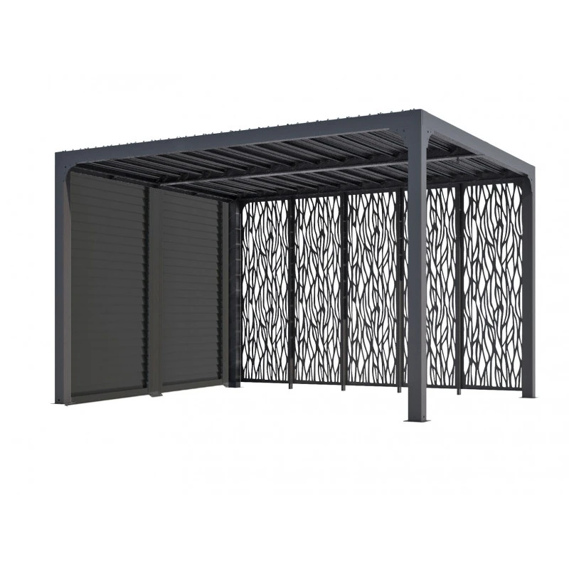 Pergola Bioclimatique Alu Anthracite 10,80m² Toit Avec Lames Alu + Ventelles Côté 3m + 5 Panneaux Moucharabieh – HABRITA – Image 3