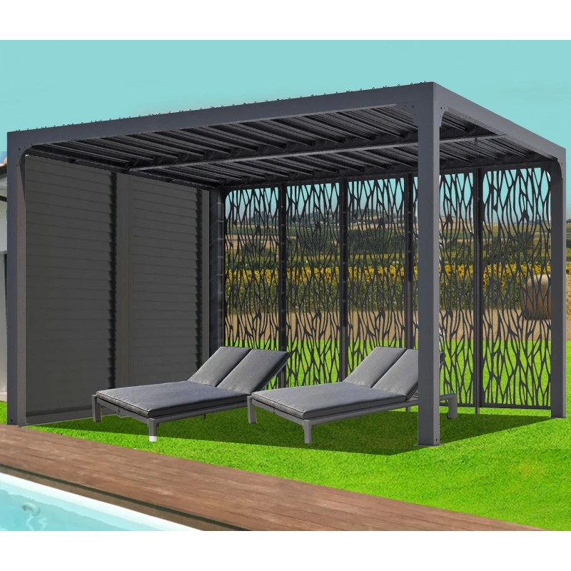 Pergola Bioclimatique Alu Anthracite 10,80m² Toit Avec Lames Alu + Ventelles Côté 3m + 5 Panneaux Moucharabieh – HABRITA – Image 5