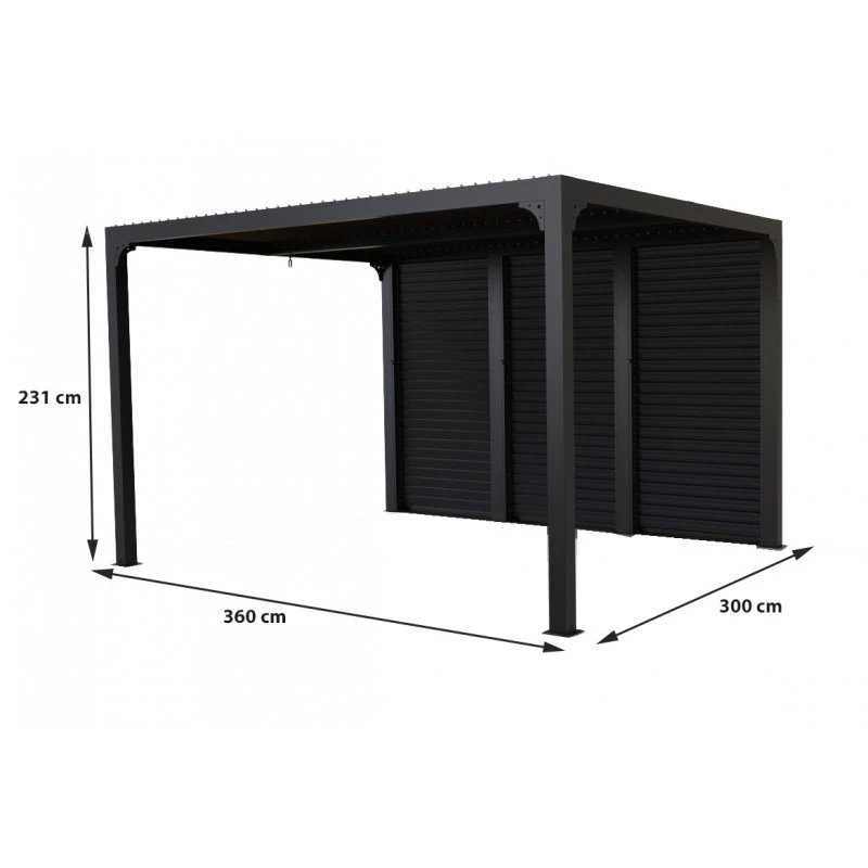 Pergola Bioclimatique Alu Anthracite 10,80m² Toit Avec Lames Ovales Aluminium + Ventelles Latérales Pour Côté 3,60m – HABRITA – Image 3