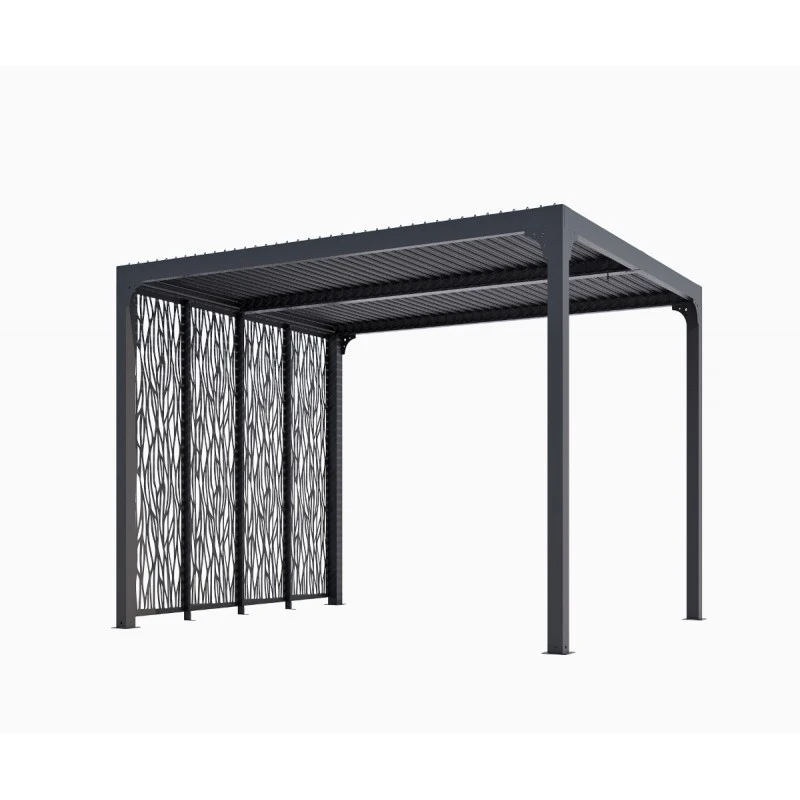 Pergola Bioclimatique Aluminium Anthracite 10,80m² Toit Avec Lames Ovales + 4 Panneaux Moucharabieh Gris Pour Côté 3m HABRITA – Image 2