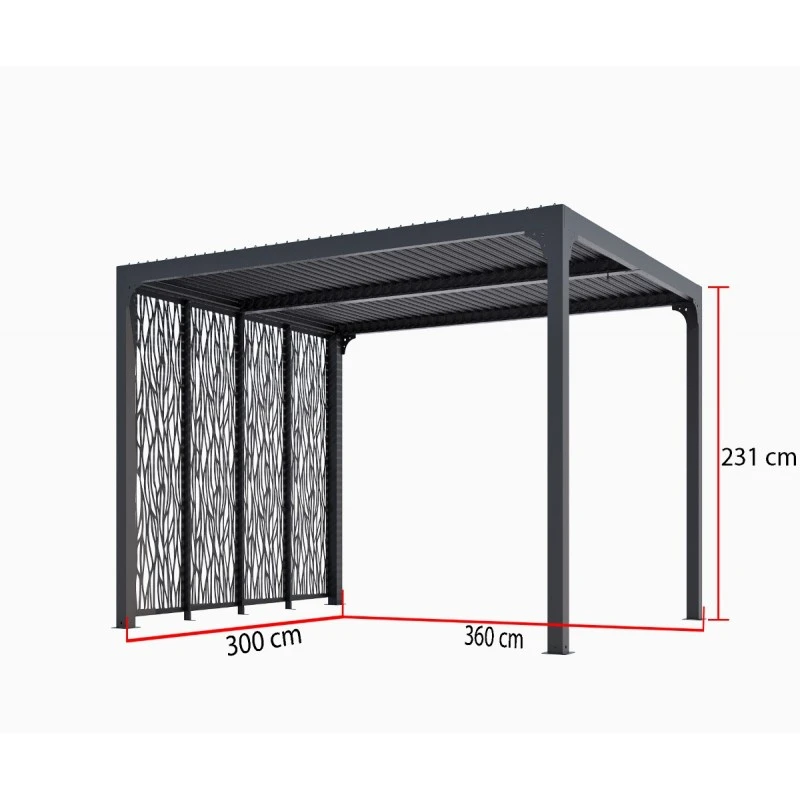 Pergola Bioclimatique Aluminium Anthracite 10,80m² Toit Avec Lames Ovales + 4 Panneaux Moucharabieh Gris Pour Côté 3m HABRITA – Image 3