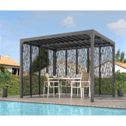 Pergola Bioclimatique Aluminium Anthracite 10,80m² Toit Lames Ovales + Panneaux Moucharabieh Gris Côté 3m+côté 3,60m HABRITA