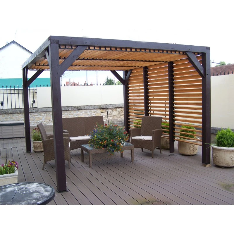 Pergola En Bois Avec Ventelles Amovibles Sur Toiture + 1 Côté 340x360x217cm Veneto – Image 3