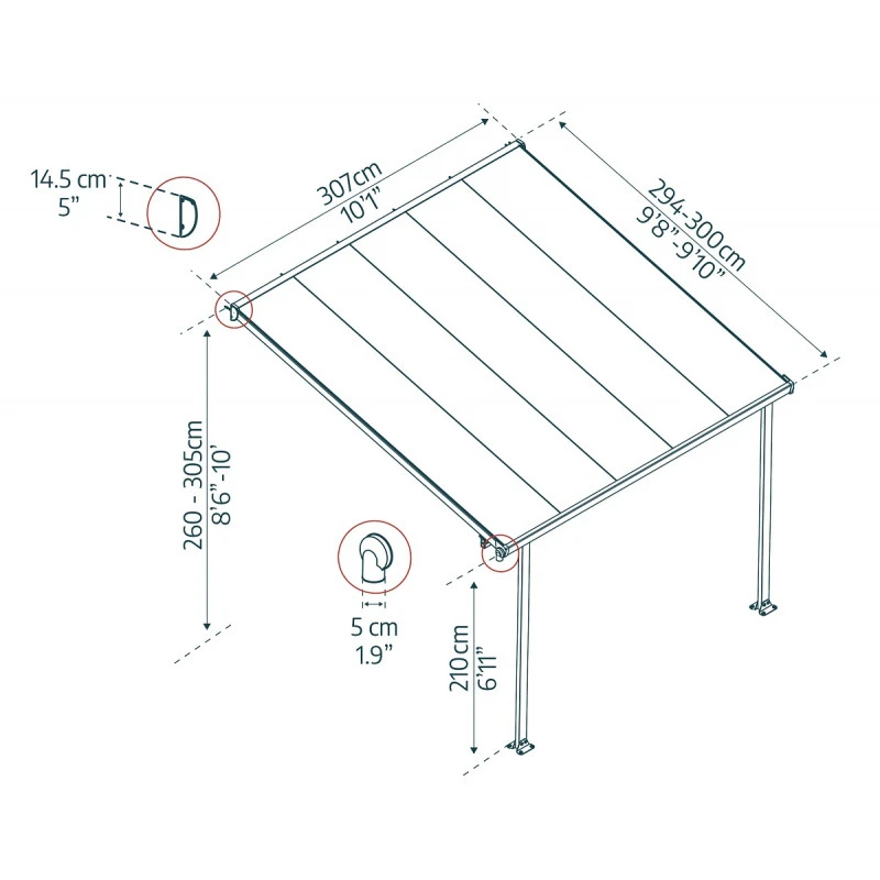 Toit De Terrasse 300x305cm En Aluminium Gris Et Polycarbonate 8mm FERIA - Canopia By Palram – Image 3